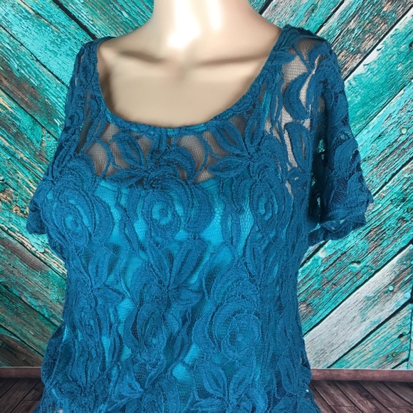 Anthropologie Pins & Needles Turquoise Lace Top - Picture 6 of 7